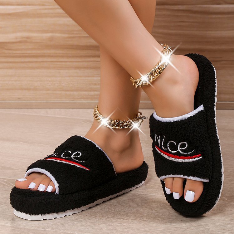 Peep Toe House Slippers For Women Winter Furry Shoes