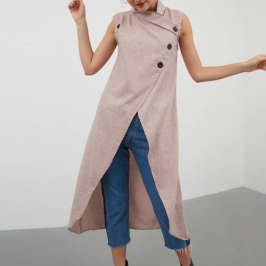 Button Sleeveless Irregular Cardigan Top Women